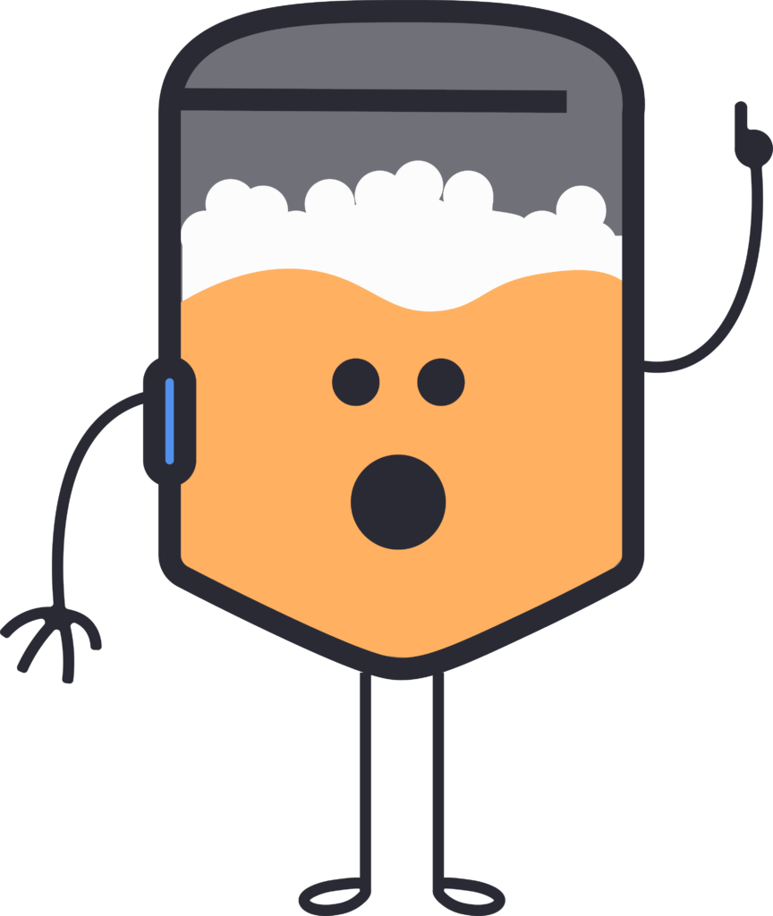 This icon shows a brewing tank partially transformed into a stick-figure character. The character looks surprised and as if he has a question, with a finger up in the air as if getting ready to ask. 