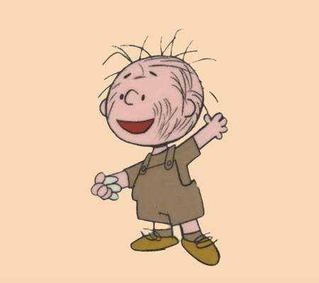 The character Pig Pen from the Peanuts comic smiling with arms spread wide.
